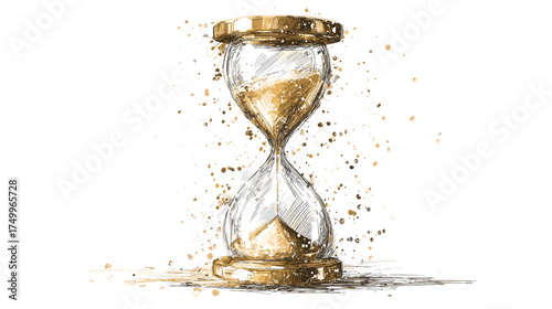 Stylized golden hourglass illustration, symbolizing time passing, deadlines, and the fleeting nature of existence, set against a black background.