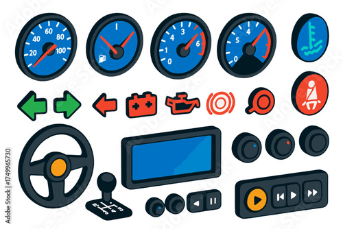 Colorful Car Cockpit Design. Isometric vector illustration set Car cockpit: Speed dial, Fuel needle, Tachometer dial, Temperature