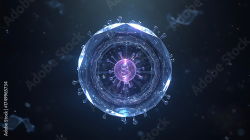 Wallpaper Mural futuristic virus particle with crystalline shell and glowing dna core in dark background Torontodigital.ca
