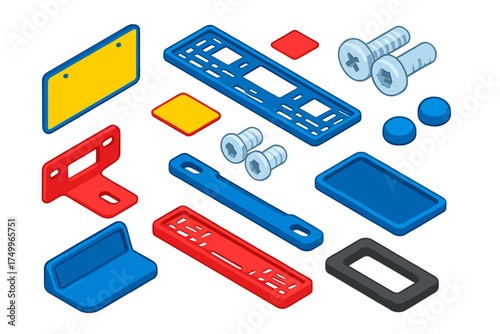 Vehicle ID Plate Set. Isometric vector illustration set Vehicle ID plate set: Plate number, Frame holder, Registration tag, Screw