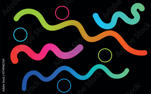 Vibrant neon wavy lines and abstract circles on a dark background creating a playful and energetic abstract design