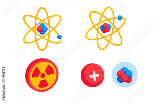 Atomic Structure Icons. Isometric vector illustration set Atom Model: nucleus core, orbiting electron paths, atomic energy symbol.