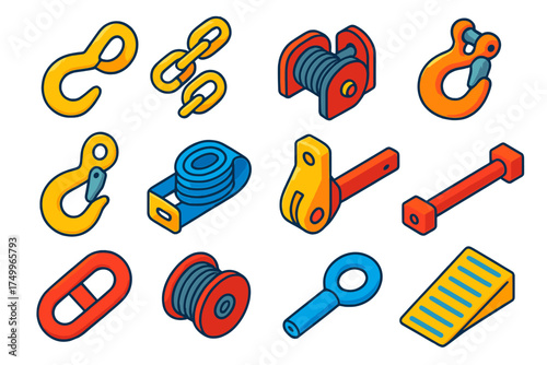Car Towing Equipment Icons. Isometric vector illustration set Car towing equipment: Tow hook, Heavy chain, Winch drum, Hook latch,