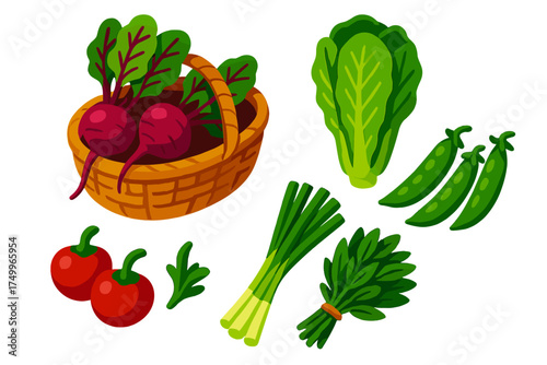 Colorful Farm Produce Icons. Isometric vector illustration set Farm-to-Table Produce: handpicked basket of beets, romaine lettuce,