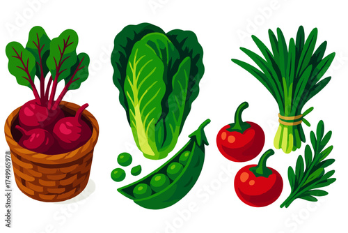 Colorful Farm Produce Icons. Isometric vector illustration set Farm-to-Table Produce: handpicked basket of beets, romaine lettuce,
