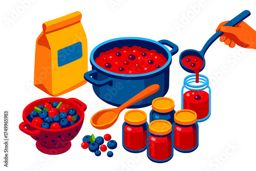 Fruit Preserving Illustration. Isometric vector illustration set Fruit Preserving Scene: saucepan with bubbling berry jam,