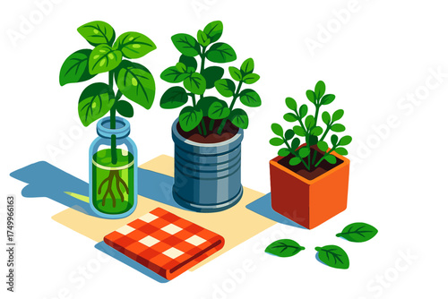 Windowsill Herb Garden. Isometric vector illustration set Herb Garden Windowsill: basil in glass jar with roots, mint in recycled