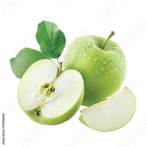 Fresh green apples with water droplets, one sliced to reveal juicy interior.