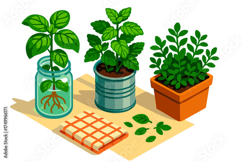 Windowsill Herb Garden. Isometric vector illustration set Herb Garden Windowsill: basil in glass jar with roots, mint in recycled