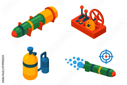Torpedo Launch System. Isometric vector illustration set Torpedo Launch System: loaded torpedo tube, firing mechanism, compressed