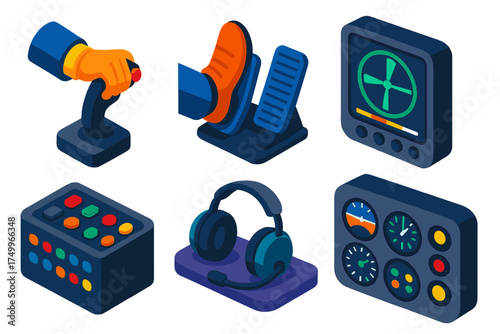 Colorful Cockpit Controls. Isometric vector illustration set Pilot Operating Controls: cockpit hand gripping throttle, foot pedals