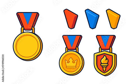 Custom Honor Medals. Isometric vector illustration set Custom Honor Medal Design: blank round medal for engraving, colorful ribbon