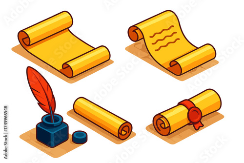 Scroll Variants Display. Isometric vector illustration set Scroll Variants Display: blank scroll, partially written scroll,