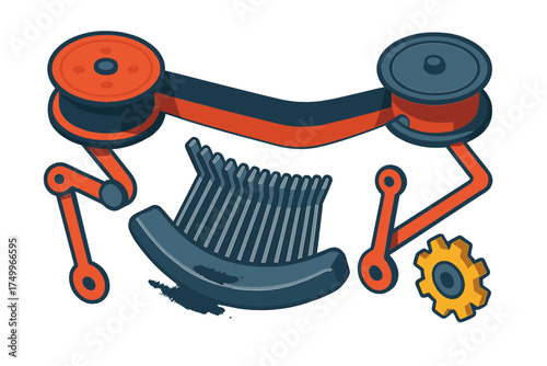 Ink Ribbon Mechanism. Isometric vector illustration set Ink Ribbon Mechanism: dual spool ribbon feed, fabric band stretched across