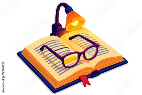 Reading Glasses Glow. Isometric vector illustration set Reading Glasses Detail Scene: open book with highlighted paragraph,