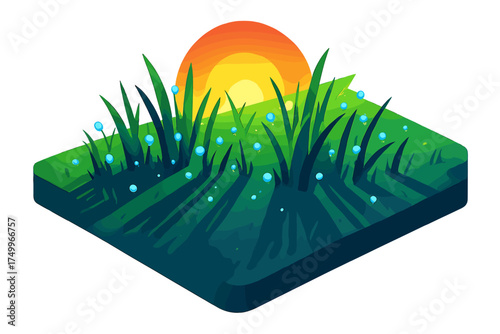 Dewy Morning Field. Isometric vector illustration set Early Morning Field Scene: open patch of grass covered in dew, low sun