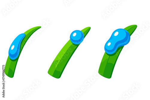 Water Droplet Dynamics. Isometric vector illustration set Droplet Behavior Study: water bead sliding along grass blade, static