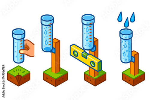 Rain Gauge Installation. Isometric vector illustration set Rain Gauge Installation Process: step-by-step diagram showing placing