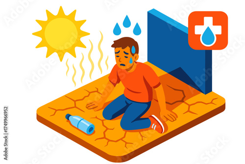 Dehydration Emergency Scene. Isometric vector illustration set Dehydration Emergency Scene: person collapsed under sun with