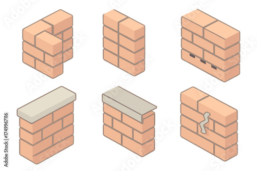 Isometric Brick Wall Icons. Isometric vector illustration set Brick Wall Features and Details: corner joint close-up, expansion