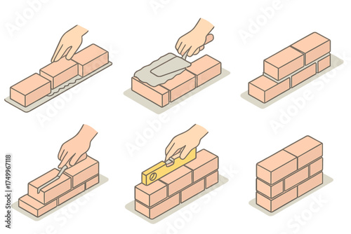 Masonry Process Steps. Isometric vector illustration set Traditional Masonry Process: laying first brick row, applying mortar bed,