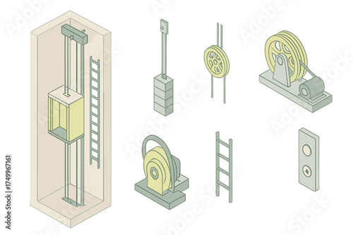 Elevator Mechanics Illustration. Isometric vector illustration set Elevator Mechanics in Towers: elevator shaft cutaway view,