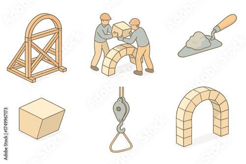 Arch Construction Process. Isometric vector illustration set Arch Assembly Process: wooden frame formwork, workers placing