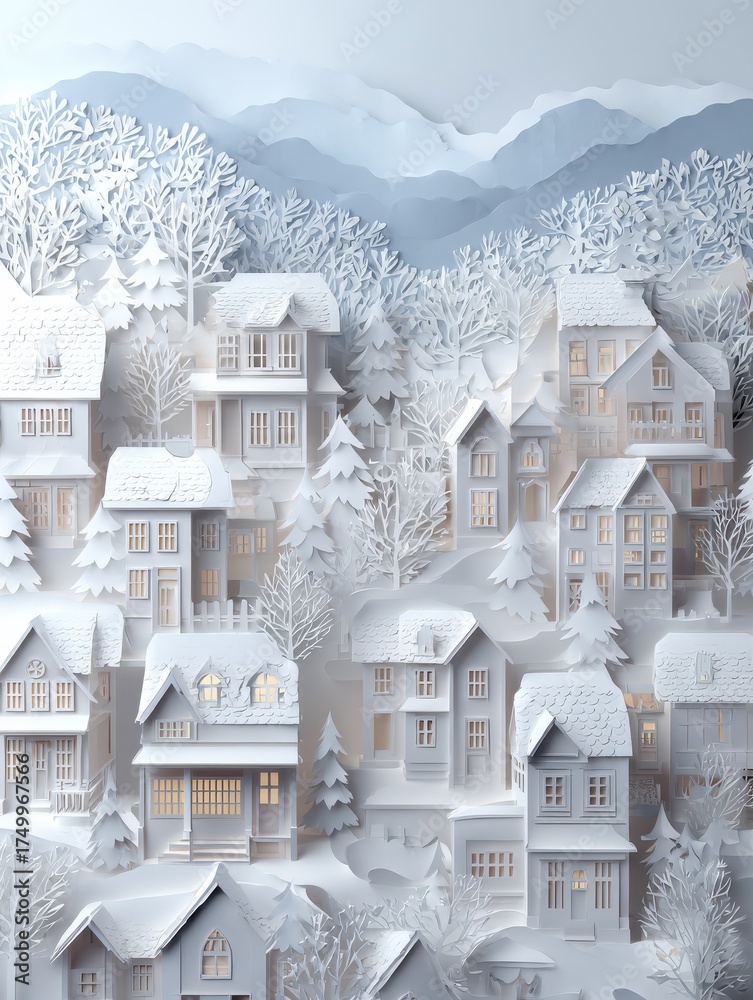 Fototapeta premium festive paper cut winter village scene
