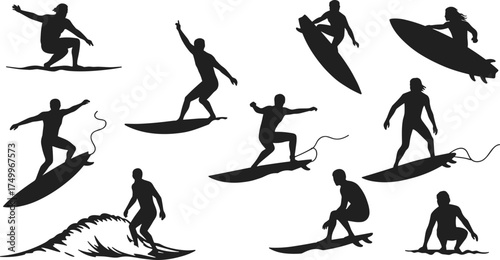 Silhouette surfers performing extreme surf tricks on ocean waves, black and white surfing vector illustration set for summer beach sports design concept