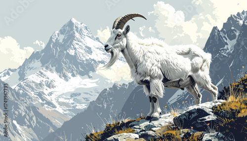 Mountain goat standing on rocky terrain with snowy peaks