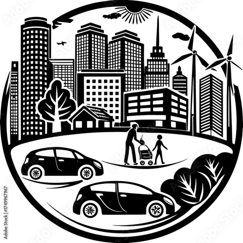 Eco-Friendly City Vector — Green Buildings, Electric Cars, Recycling, and Renewable Energy Illustration