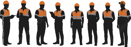 Silhouette vector illustration of construction workers wearing safety vests and helmets, engineering teamwork concept for building site management and industrial safety design