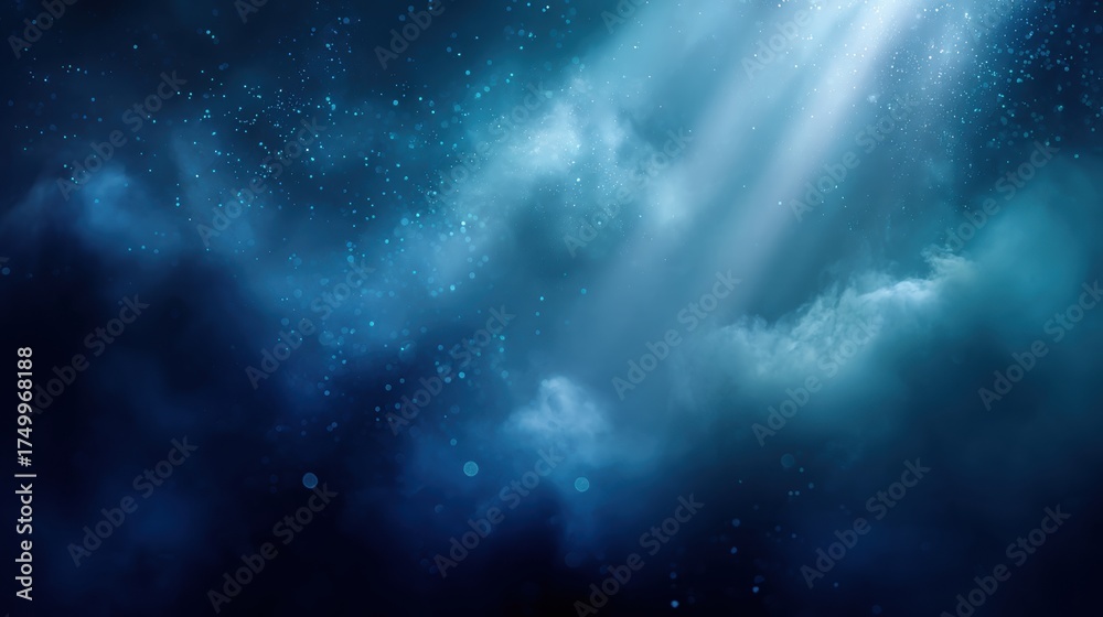 Fototapeta premium Dreamy ethereal blue light beams pierce through swirling mist and sparkling particles, creating a magical, serene, and tranquil atmosphere perfect for fantasy or cosmic themes.