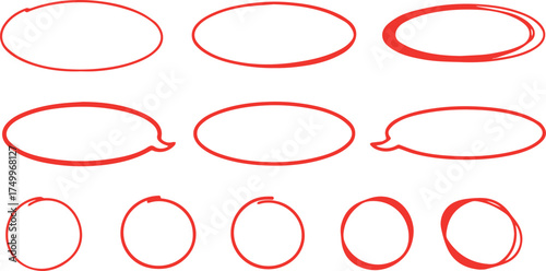 Vector illustration ellipses in doodle style Set of hand drawn red circles and ovals. highlight circle frames eps