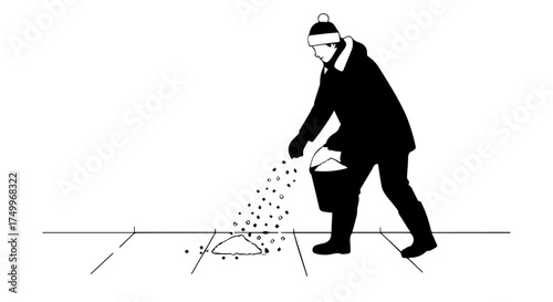 Silhouette of Person Spreading Salt on Icy Sidewalk in Winter Weather.