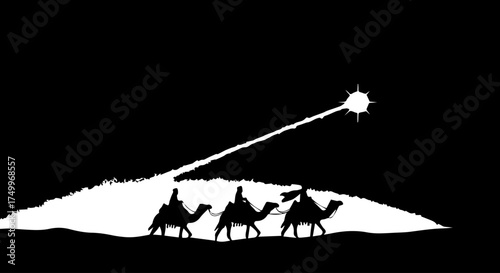 Silhouette of Three Camels with Riders Following Bright Star in the Night Sky.
