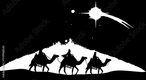 Silhouette of Three Camels Carrying Figures Under Guiding Star in Night Sky.