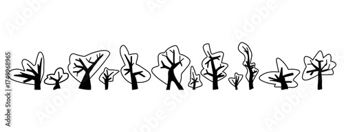 Set of hand drawn trees. Doodle vector illustration. Isolated on a white background.