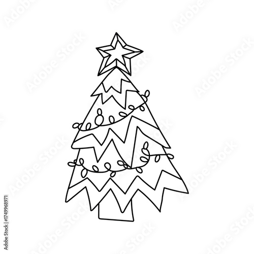 Christmas trees with a garland. Holidays doodles vector illustration. Isolated on a white background.