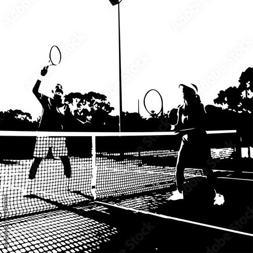 Silhouette Tennis Players in Action, Hitting Ball Over Net, Outdoor Court.