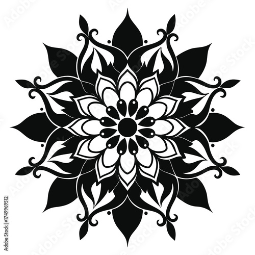 Elegant black silhouette floral mandala design with intricate petal details