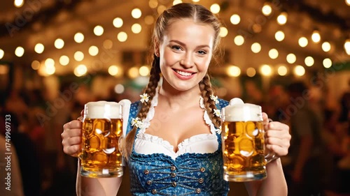 Cheerful Beer Server at Festive Gathering - The video captures a smiling young woman wearing a traditional blue Bavarian dress, holding two large mugs of beer.