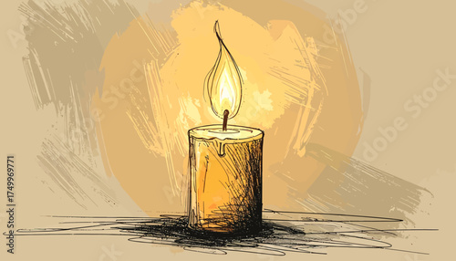 Burning candle with warm light and shadow