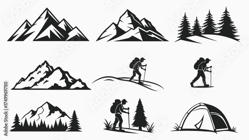 Collection of nine minimalist monochrome mountain icons for graphic design projects