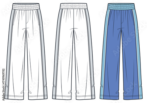 Wide leg track Pants fashion flat sketch. Side Stripe Jogger Pants fashion flat technical drawing template, front, back view, pockets, elastic waist, white, blue, women, men, unisex CAD mockup.