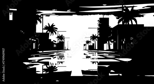 Silhouetted City Street Scene with Palm Trees and Reflective Surface.