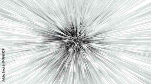 A monochrome image features a radial burst pattern, creating a dynamic sense of speed and movement, with lines converging toward a central point.
