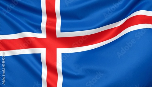 Iceland national flag with blue field, white cross, and red cross nested inside white cross.