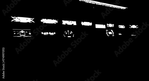 Silhouetted Collection of Various Aircraft Cockpit Instrument Panels and Controls.