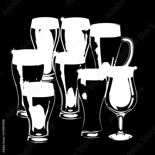 Silhouetted Collection of Various Beer Glasses with Frothy Foam and Different Shapes.